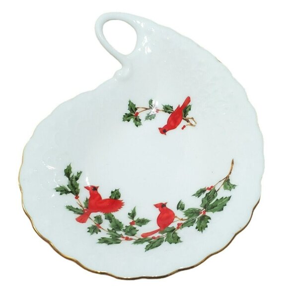 Lefton Cardinal Candy Dish Birds Holly Christmas Holiday Trinket Bone China 1988 - Picture 3 of 14